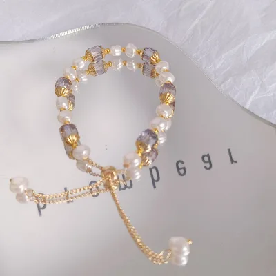 Wholesale Fresh Water Imitation Pearl Purple Crystal Bracelet Niche Design Adjustable Pearl Friendship  Bracelet for Women Girls