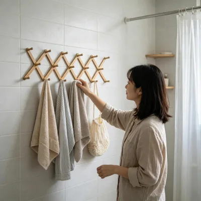 Foldable Bamboo Wall Hook Rack Expandable Accordion Peg Mounted Coat Hat Towel Hanger Modern Office Home Bathroom Bedroom