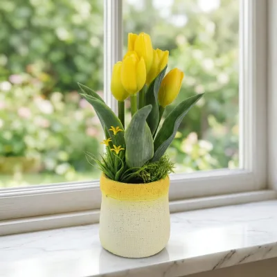 Wholesale 28cm Artificial Tulip Flowers in PVC Pot Indoor Real Touch Tulip Potted Plant