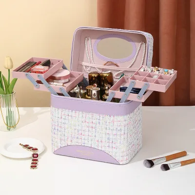 Luxury Korea Style Multi-Layer Drawers Zipper Closure Makeup and Jewelry Box Fashionable Polyester Case for Salemen Item