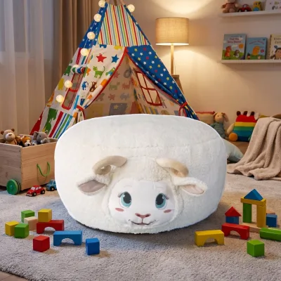 Modern Style Kids Bean Bag Lounge Chair Cute Goat Shape Soft Lamb Fleece Cover Supportive Shredded Sponge Foam Filling Cozy