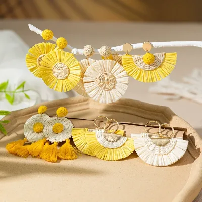 Handmade Natural Rattan Drop Earrings Raffia Tassel Dangling Earrings