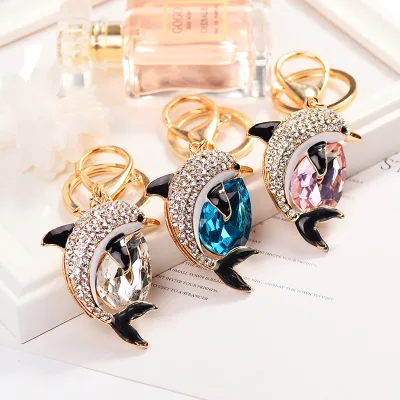 Luxury Shiny Rhinestone Enamel Dolphin Keychain Large Crystal Inlaid Alloy Sea Animal Pendant Decorative Handbag Keyring Charm