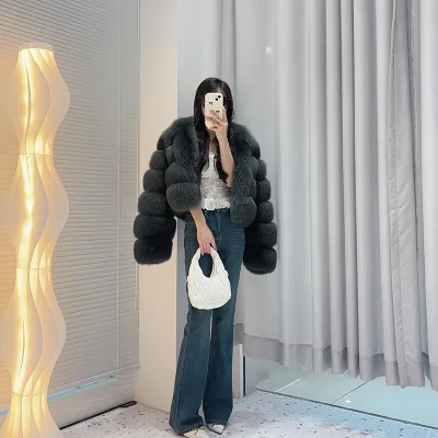 Wholesale Direct Selling Winter New Fashion Silver Real Fox Fur Long Coat Real Fox Fur Coat