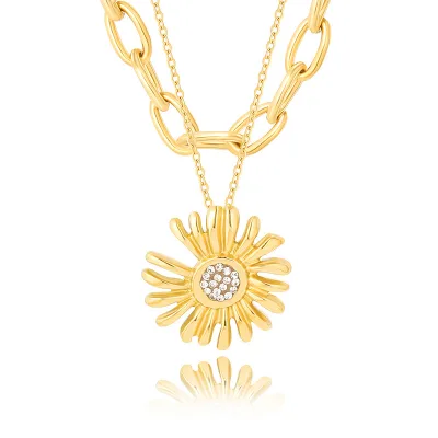 Minimalist Jewelry Multi Layered Stainless Steel Crystal Sunflower Pendant Gold Plated Stainless Steel Necklace Women Gift