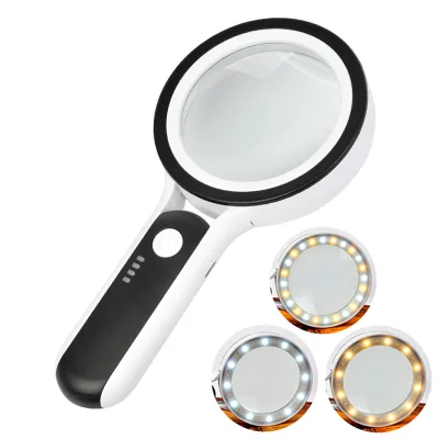 30x Optical Handheld Magnifying Glass with USB Charging 24 LED Lights (12 Cold & 12 Warm) Three-Color for Senior Reading