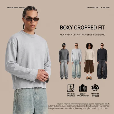 Wholesale Mens Boxy Short Sweatshirt Mock Neck Long Sleeve Raw Edge Hem Cotton French Terry Retro Street Style