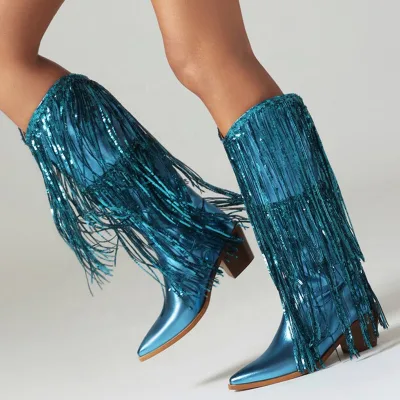 Big Size 48 Women Low Chunky Heels Booties Bling Tassels Cowboy Styles Knee High Boots Paillette Wedges Shoes