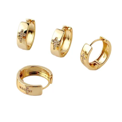 18K Gold Plated Stainless Steel Clip on Huggie Hoop Earrings Geometric Cross Shape Design 3A Cubic Zirconia Women's