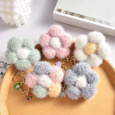 Plush Pom Pom Flower Keychain Alloy Enamel Bag Charm Pendant for Backpack Car Key Girls Cute Flower KeyChains Gift