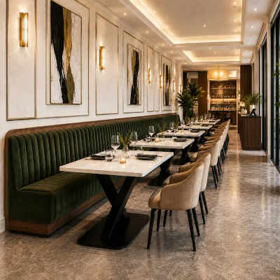 Tan Fabric Barrel Armchairs X Base White Marble Dining Table Set Restaurant Commercial Furniture Customizable OEM Supplier China