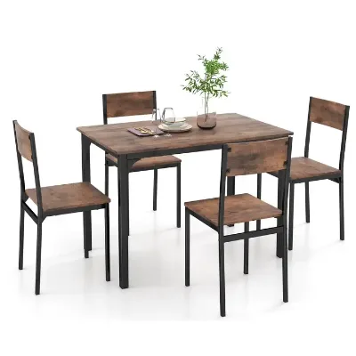Metal 5-Piece Dining Table Set and Chairs for 4 with Backrest and Metal Frame Modern Furniture Dining Table
