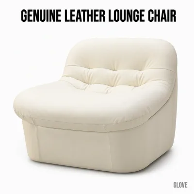 Modern White Genuine Leather Lounge Chair Tufted Cloud Accent Armchair Pedestal Seating Super Comfortable for Luxury Bedroom