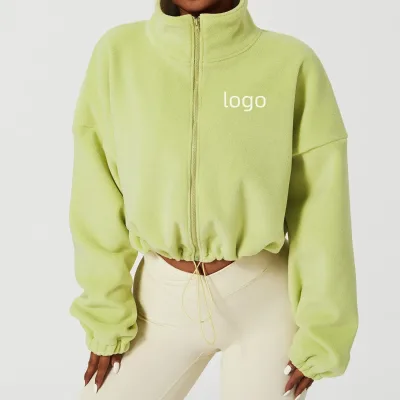 Custom Logo Women's Oversized Full Zip Hooded Sweatshirts 100% Polyester Breathable Streetwear Polar Fleece Crop Jacket Plus
