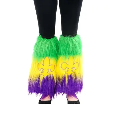 Wholesale Green Gold and Purple Mardi Gras Fleur De Lis Furry Leg Warmers for Mardi Gras Parades