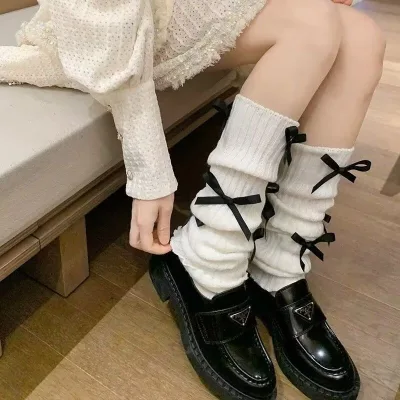 Y2K White Bow Ballet-Style Acrylic Fiber Handmade Boneless Seam Leg Warmers Spring Autumn Knitted Calf Socks Women Pure Desire