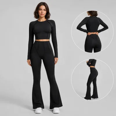 New Solid Color Yoga Long-sleeved Top Set, Breathable Fitness Pants, Pilates Quick-drying Two-piece Set