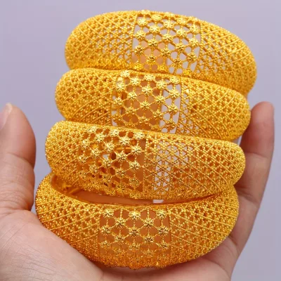 24k Gold Plated Copper Hollow Wide Opening Dubai Bride Saber Bangle Trendy Geometric Jewelry Wristband Gift