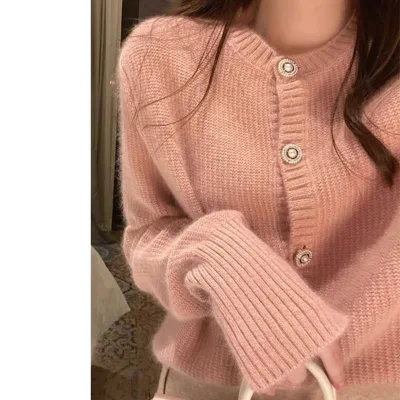 Knitwear Sweater Cardigans Manufacture Custom Ladies Solid Color Round Neck Bead Button Mohair Cardigans downy Sweater pink Cost