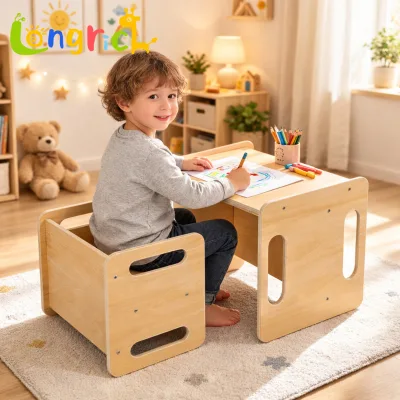 Children's Modern Wood Dining Chair and Bench Set with Backrest Baby Stool and Shoe Changing Stool for Household Use