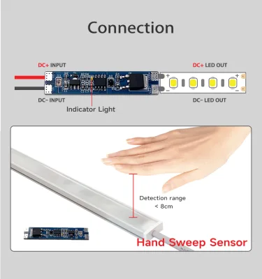 12V/24V Intelligent LED Light Sensor Switch with Dimming Function, Sensing Range 1-5mm. Suitable for Cabinets and Hotels