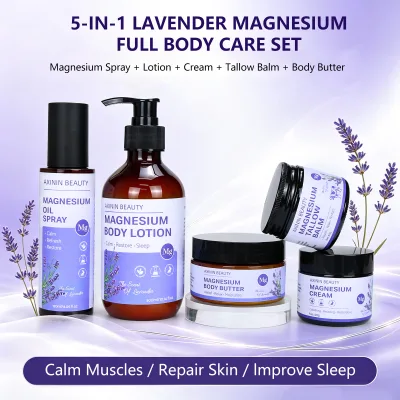 Han Linger Private Label 5-IN-1Lavender Magnesium Full Body Care Set Magnesium Body Cream for Legs-Soothes & Rehydrates Skin