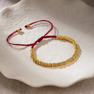 925 Sterling Silver Gold Plated Beaded Bracelet Adjustable Red String Cord Bracelet for Women Handmade Minimalist Jewelry