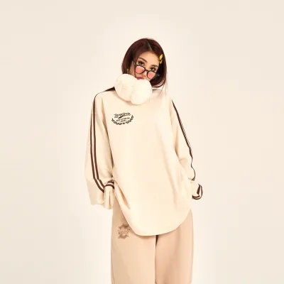 Custom Design Crew Neck Long Sleeve Pure Cotton Oversized T Shirt Full Sleeve Stripes Drop Shoulder Women Shirt