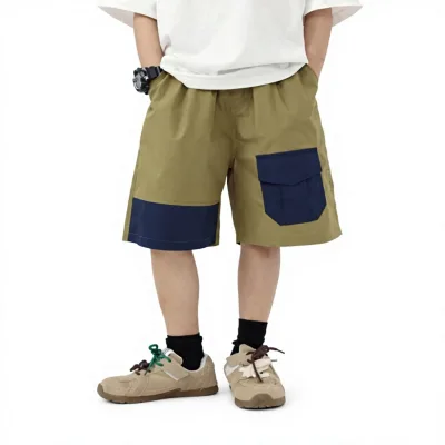 Japanese-style Boys Color-block Cotton Shorts 2026 Summer New Arrivalcasual Three-quarter-length Kids Pants PU Coated