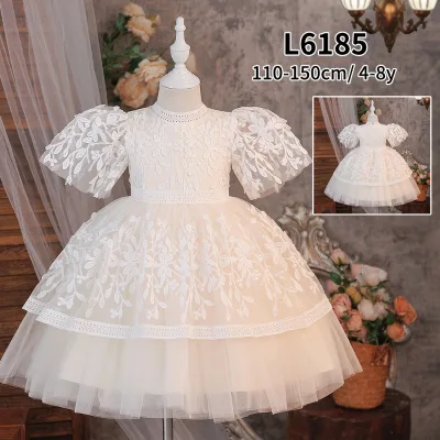 Children's Sweet Princess Dress with Puff Sleeves Bow Crocheted Details for Summer Wedding Birthday Piano Performance L6185