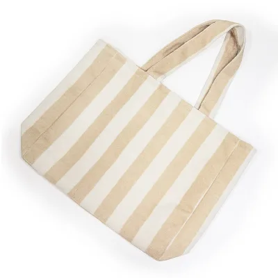 Premium Wide Stripe Terry Cloth Tote Bag Large Capacity Reusable Shopping Handbag Women's Daily Beach Shoulder Bag with Pocket