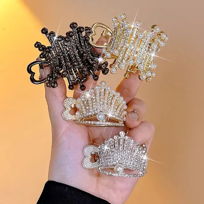 Women Small Size Hairpin Trendy Girls High Ponytail Hairclip Bling Crystal Top Clip Pearl Alloy Hair Claw Clips