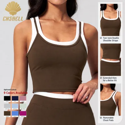 Custom Logo Two-tone Fake Two Piece Removable Chest Pads Breathable Athletic Crop Top for Women