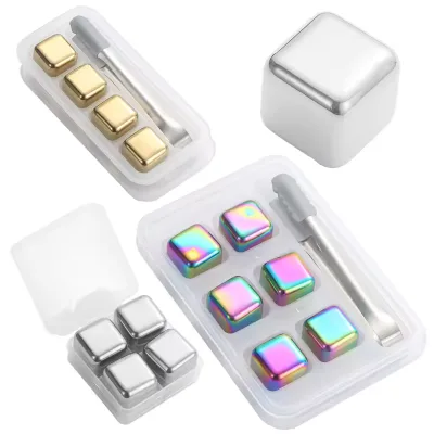 Reusable Square Heart Round Silver Gold Rainbow Stainless Steel Whiskey Stone With Tongs for Liqueurs Wine Beverage Juice