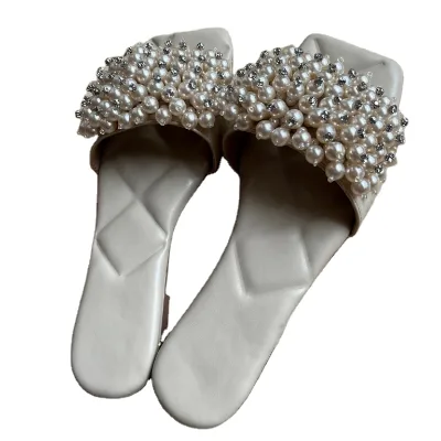 2025 Custom Color Luxury Handmade Beaded Diamond Pearl Flat Heel Sandals Square Open Toe Sandals for Women Pearl Slippers