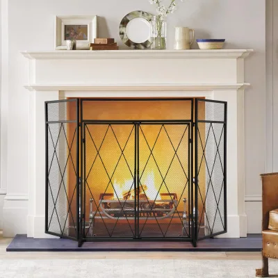 Modern Rustic Vintage 3-Panel Fireplace Screen Decorative Iron Mesh Freestanding Protector Firewood Holder Fireplace Sets