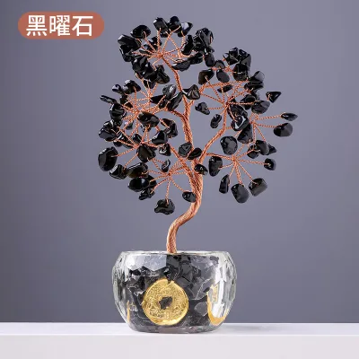HZ Factory Directly Selling Natural Crystal Black Obsidian Money Tree Handmade Craft Tree for Home Decor