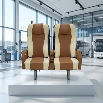 New Rotating Bus Passenger Seat Swivel Luxury Leather Coach Chair Two Tone Tan Cream with 3 Point Seatbelt Cup Holder