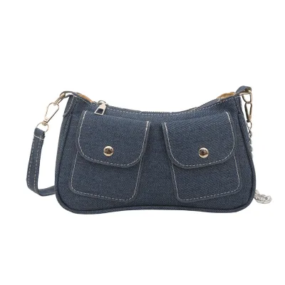 Solid Color Retro 2026 Denim New Double Pocket Casual Western Style Fashionable Portable Underarm Shoulder Women's Zipper