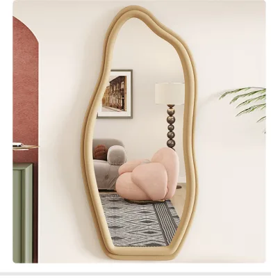 Hot Sale Modern Design Wavy Pink Fabric Framed Mirrors Large Irregular Shape for Dressing Decor Wall for Hotels Wooden Frame