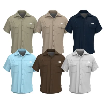 OEM Custom Men Short Sleeve Fishing Shirt Back Mesh Vent Button Down Chest Pockets Quick Dry Outdoor Hiking Camping Wholesale