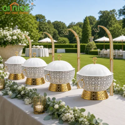 Modern Hollow Design Circular White Chafing Dishes Commercial Food Warmer for Restaurant Hotel Supplies