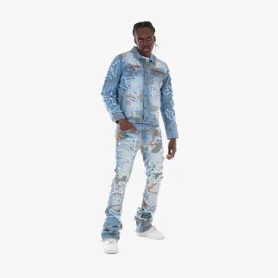 DiZNEW Men's Sets (old) Custom Clothes Hip Hop Applique Print Blue Wash Jeans Jacket and Pants Set for Men