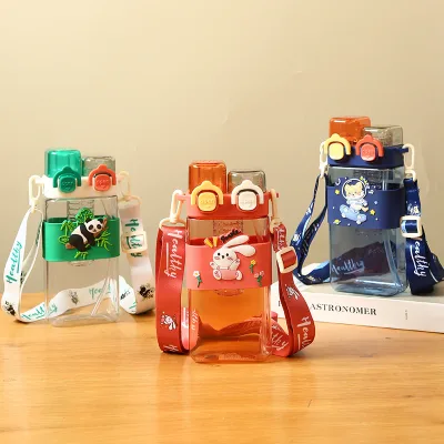 2024 new children's double drinking cup cartoon square cup high value students straw carry-on cup female