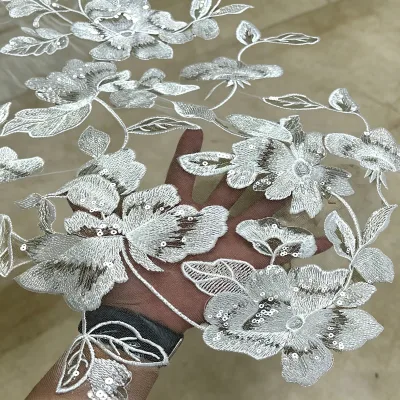 High Quality Eco-Friendly Elegant Floral Embroidery Sequin Net Tulle Lace Fabric French Wedding Dress White Bridal Mesh Lace