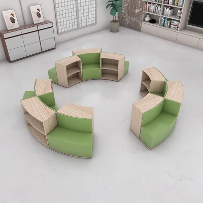 Sagely Curved Sofa Set with Creative Modern Wooden Bookshelf for Children's Library Reading Room in School Hotel or Hospital