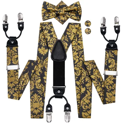 Wholesale Fashionable Luxury Adult Men's Suspenders Leather Metal Clips and Bow Tie Set for Men's Wedding Party and Business