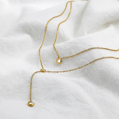 Customization SLOONG Charm Layered Round Crystal Zircon Pendant Necklaces Stainless Steel Thin Chain Chokers Jewelry for Women