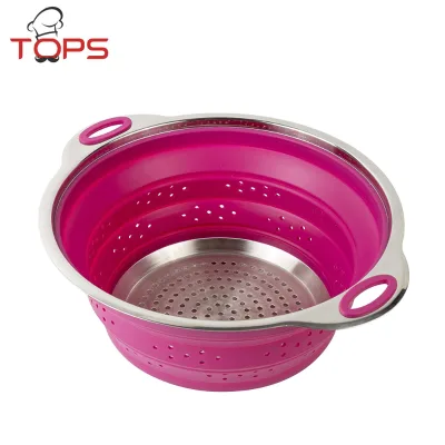 NEW!! High Quality Stainless Steel and Silicone Foldable Strainer/ Collapsible Silicone Vegetable Strainer with S/S Handle