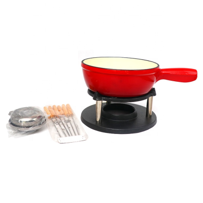 Red Enamel Fondue Pot Set With 6 Long Forks and Burner for Cheese and Chocolate